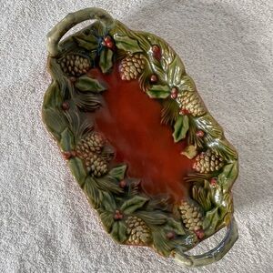 Ceramic Handled Small Platter Red Oblong Shaped Christmas Style w/Holly Border